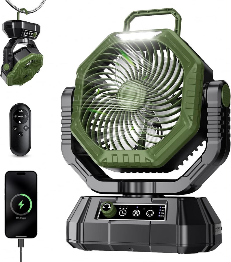 AJVV Camping Fan Rechargeable, Battery Powered Fan With Remote Controller, LED Light, Dual Motors, Stepless Speed, 90°/270° Swing,Timer, Portable fan For Travel Tent Bedroom Beach Fishing, Green - Image 1